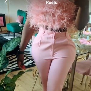 Feather strapless top & pink straight leg pant set